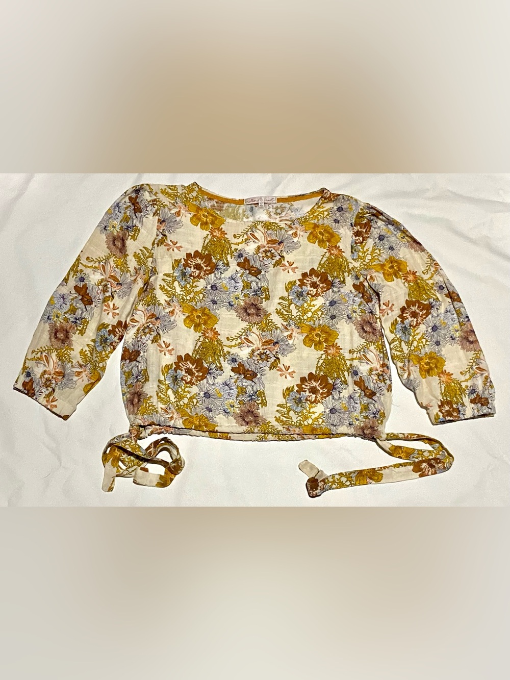 Willow & Root Floral Tie-Waist Blouse Ballon Sleeves Cream, Mustard, Rust Sz. M